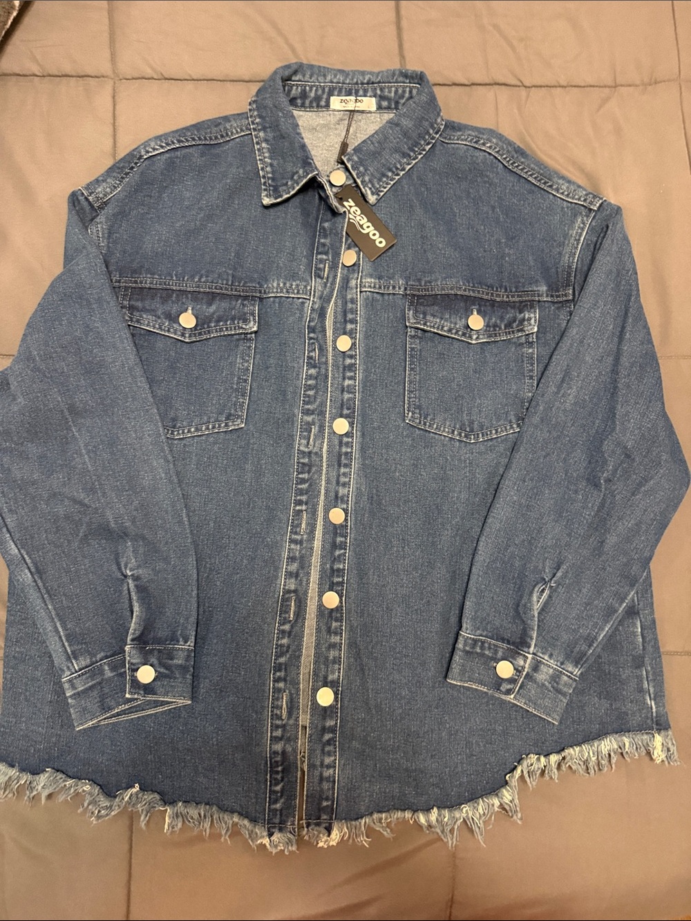 zeagoo Blue Frayed-Hem Denim Shacket